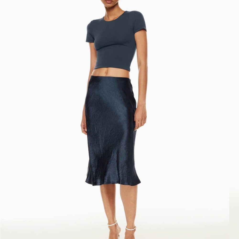 navy satin babaton artizia slip skirt midi
